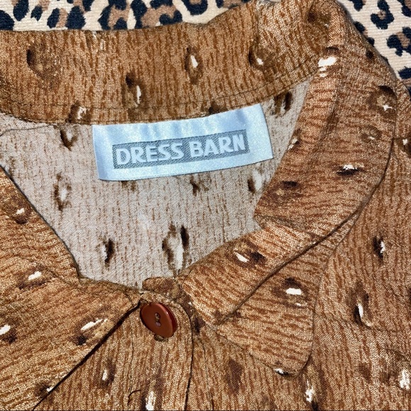 Vintage Shirt Animal Print Dress Barn Short Sleeved Collared Button Down Top Tan - Picture 2 of 4